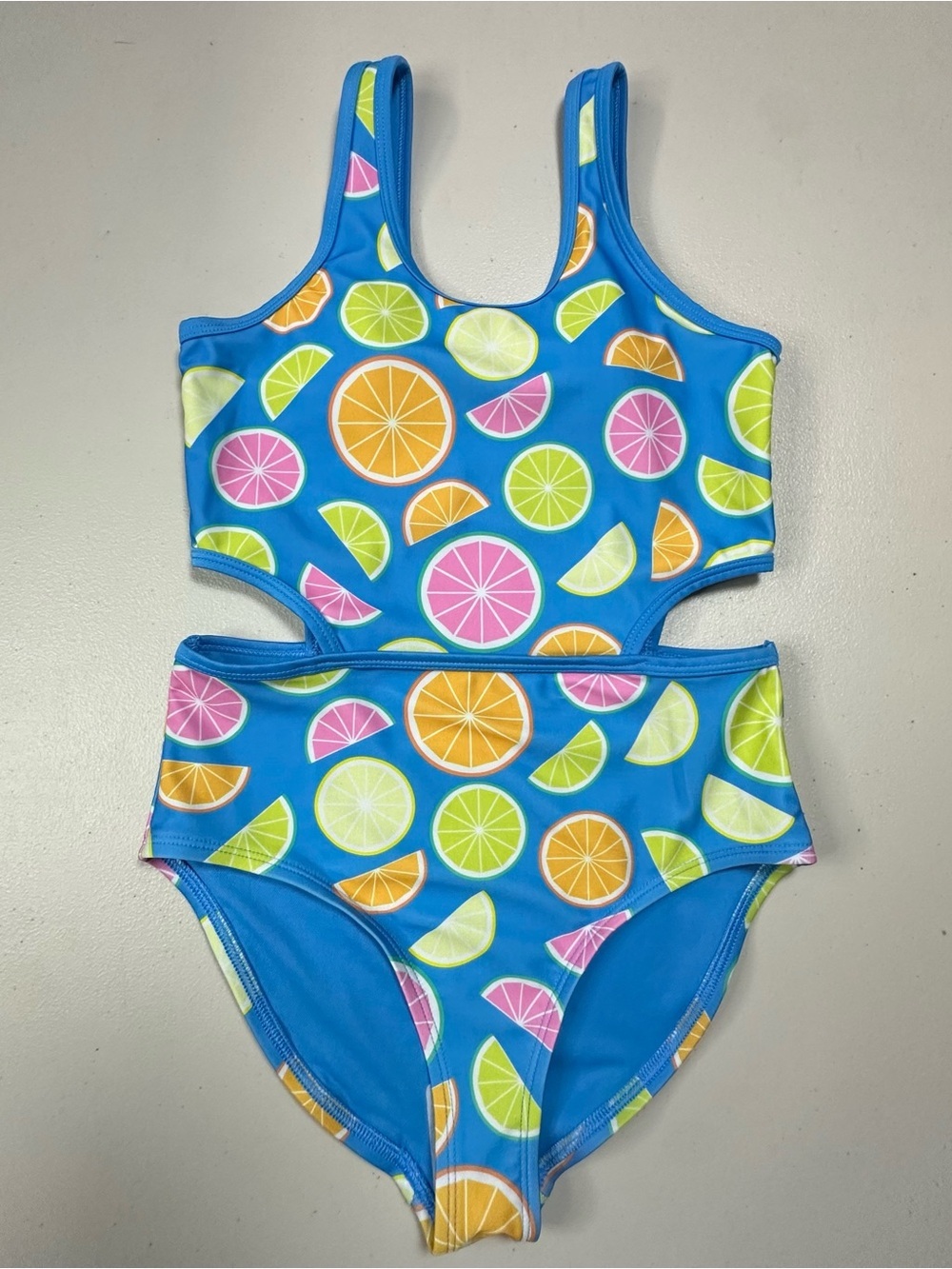 DSG Girls One Piece Cutout Swimsuit Citrus Print Blue UPF 50+ NWT Size Medium